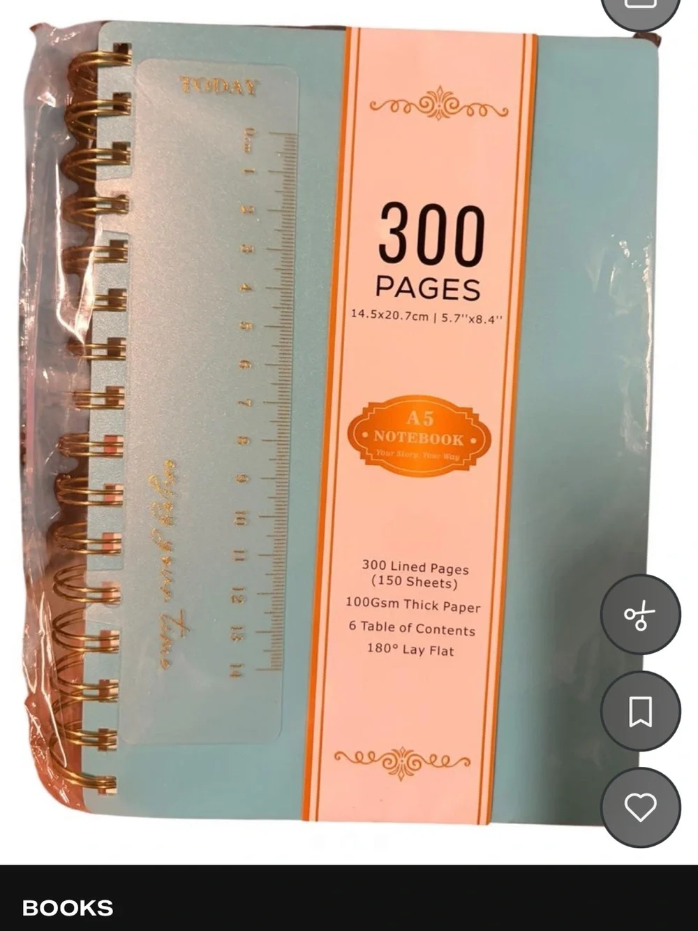 NWT- A5 Turquoise Spiral Notebook with Ruler - 300 Pages